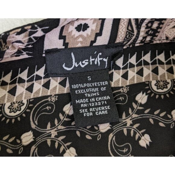 Justify Women's Top Size Small Black & Beige Elephant Print Tunic Tribal - Picture 7 of 11